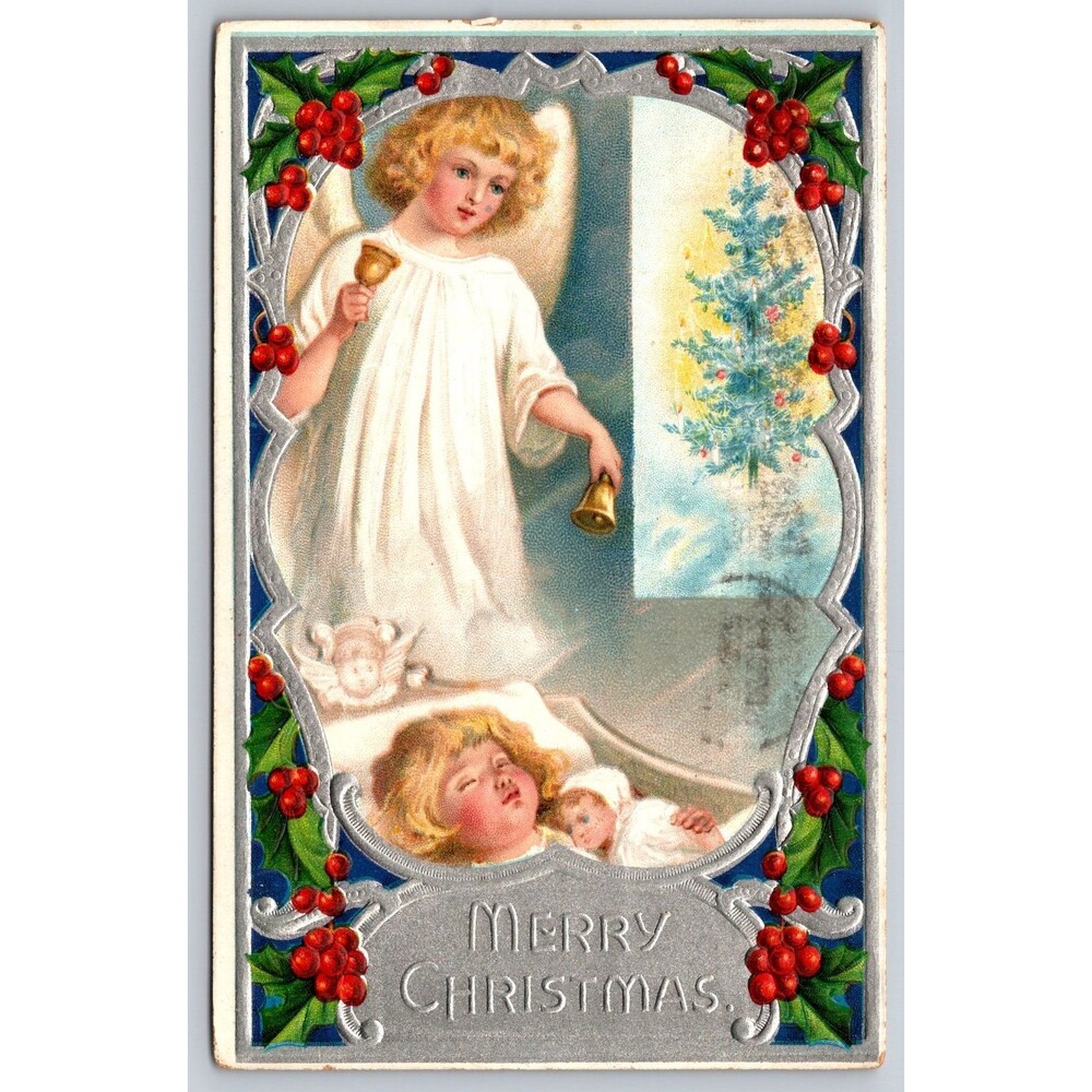 Antique Postcard Merry Christmas Angel Girl Doll Holly Embossed Posted 1911 MD
